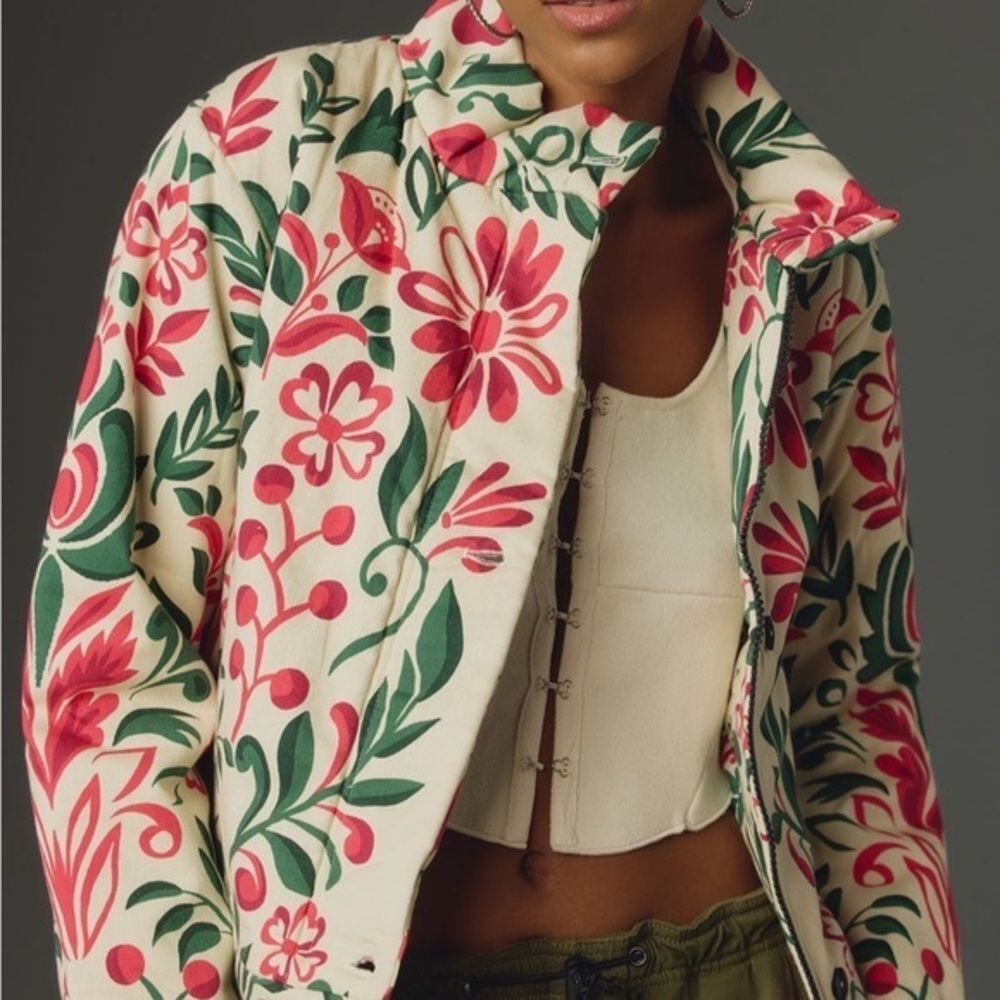 Anthropologie floral pink white green jacket size large petite